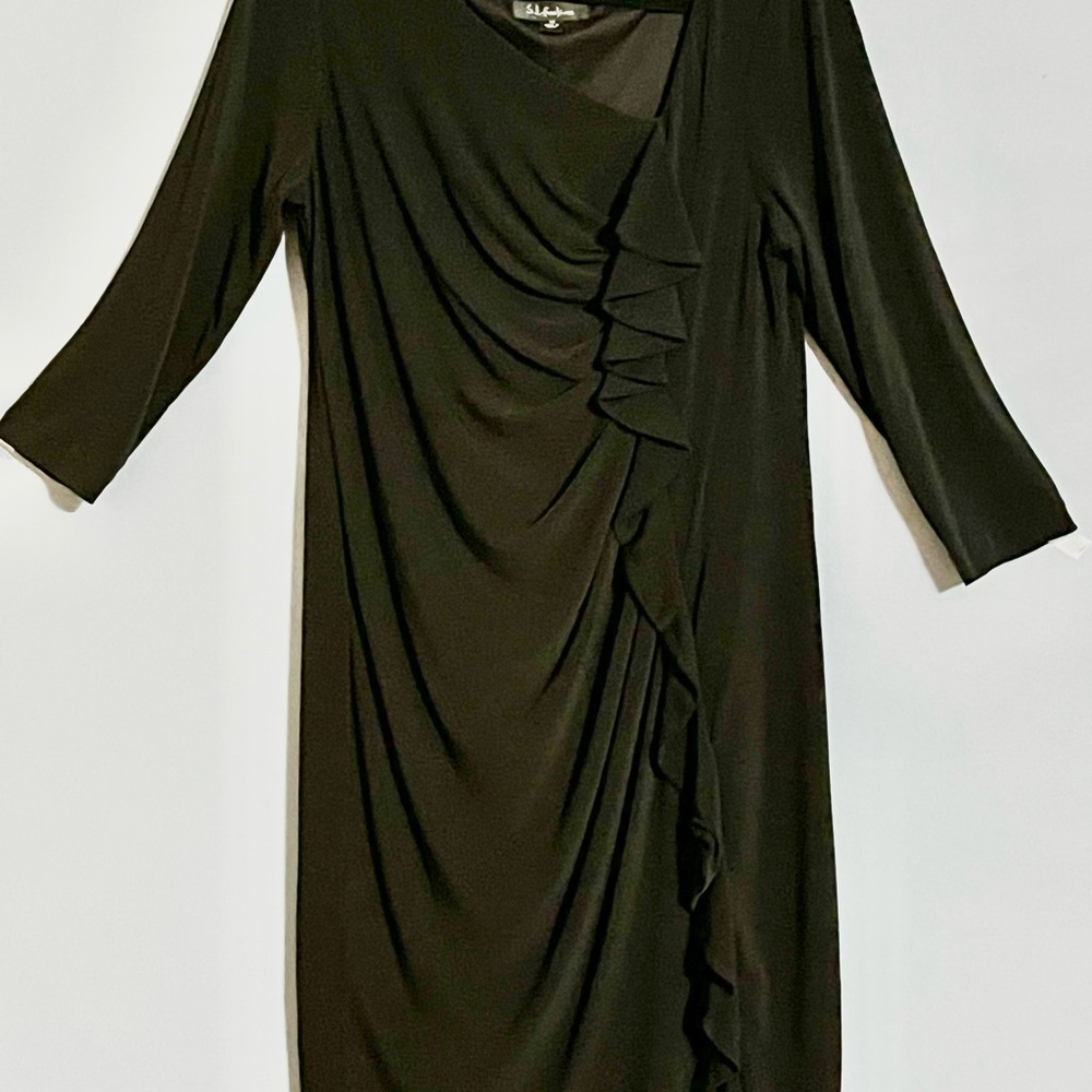 S.L. Fashions Black Sheath Dress 3/4 Sleeve Asymmetrical Neckline With Ruffled
